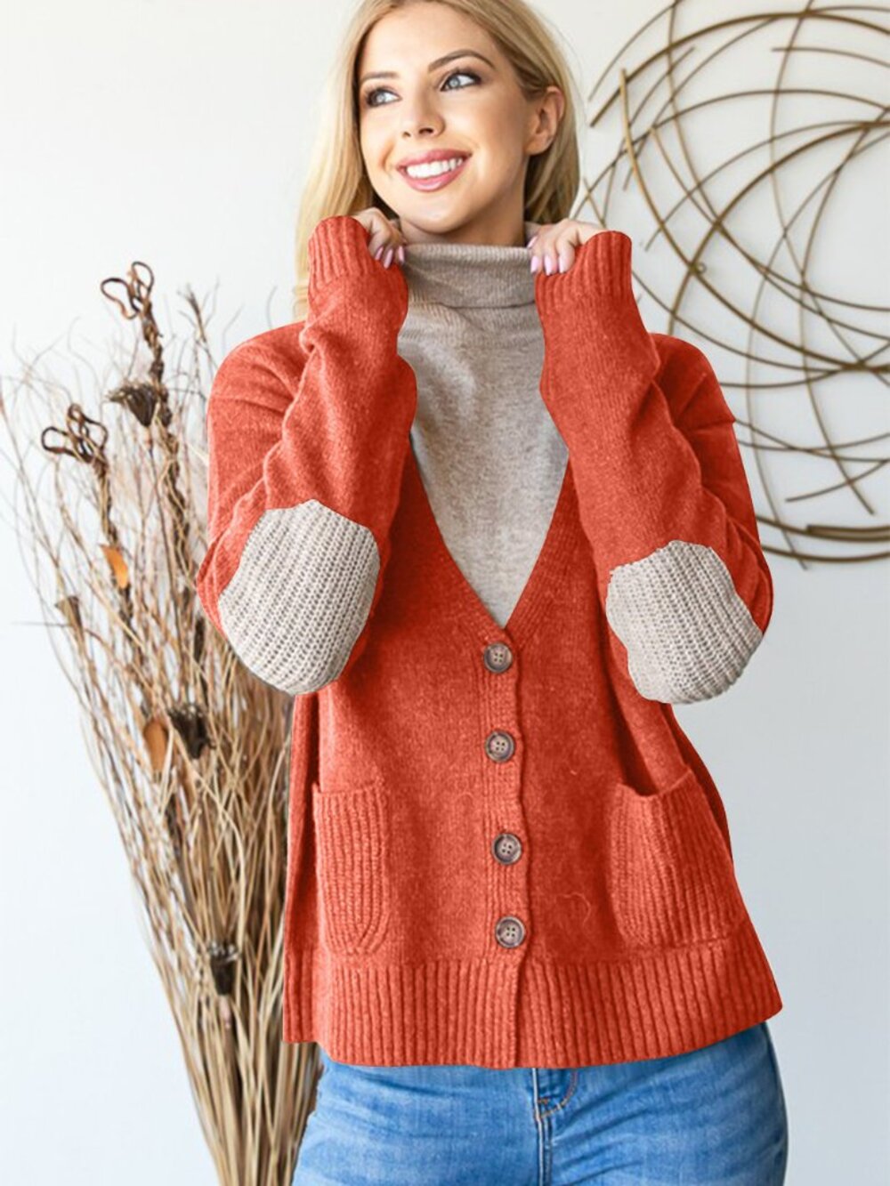 Heimish Women’s V Neck Button Down Cardigan Orange Red Plus 1XL 2XL Pockets